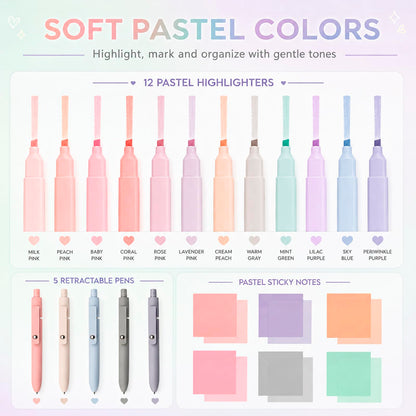 Aesthetic School Supplies with Pencil Pouch - 27Pcs Cute College Essentials Set, Big Capacity Pen Case, Pastel Highlighters, Bible Study Journaling Stationary, Annotation Kit Stuff Gift for Girls Teen