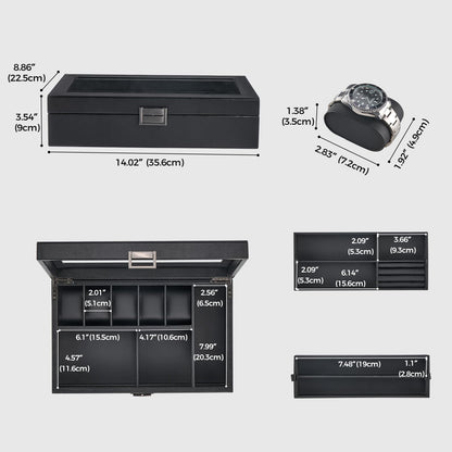 ProCase Men's Jewelry Box, 5-Slot Watch Display Case Jewellry Storage Organizer for Sunglasses Rings Accessories with Hidden Compartment, Watch Holder with Glass Lid, Fathers Day Gift -Black