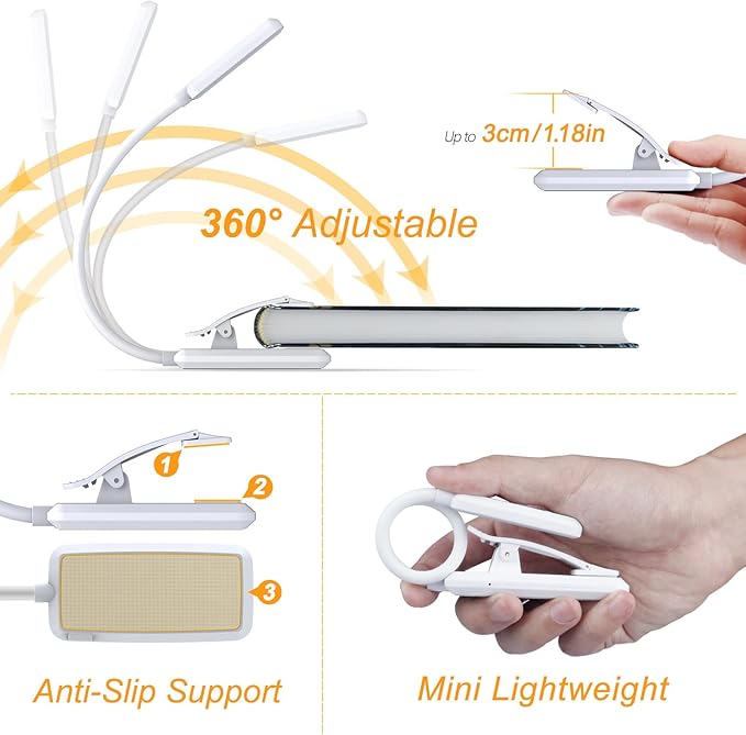 Gritin 9 LED Rechargeable Book Light for Reading in Bed -Eye Caring 3 Color Temperatures,Stepless Dimming Brightness,80 Hrs Runtime Small Lightweight Clip On Book Reading Light for Studying-White