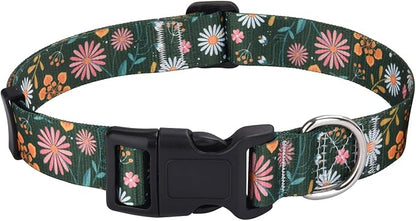 Mihqy Dog Collar with Bohemia Floral Tribal Geometric Patterns - Soft Ethnic Style Collar Adjustable for Small Medium Large Dogs(Dark Green Flower,XS)