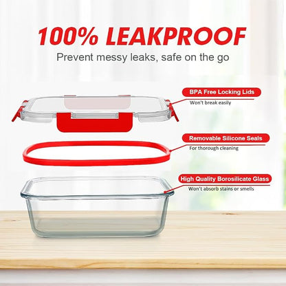 VERONES 12 Packs Glass Food Storage Containers Set, Airtight Glass Lunch Containers, Glass Meal Prep Containers with Lids,Exclusive of BPA, for Microwave, Oven, Freezer & Dishwasher Friendly,Red