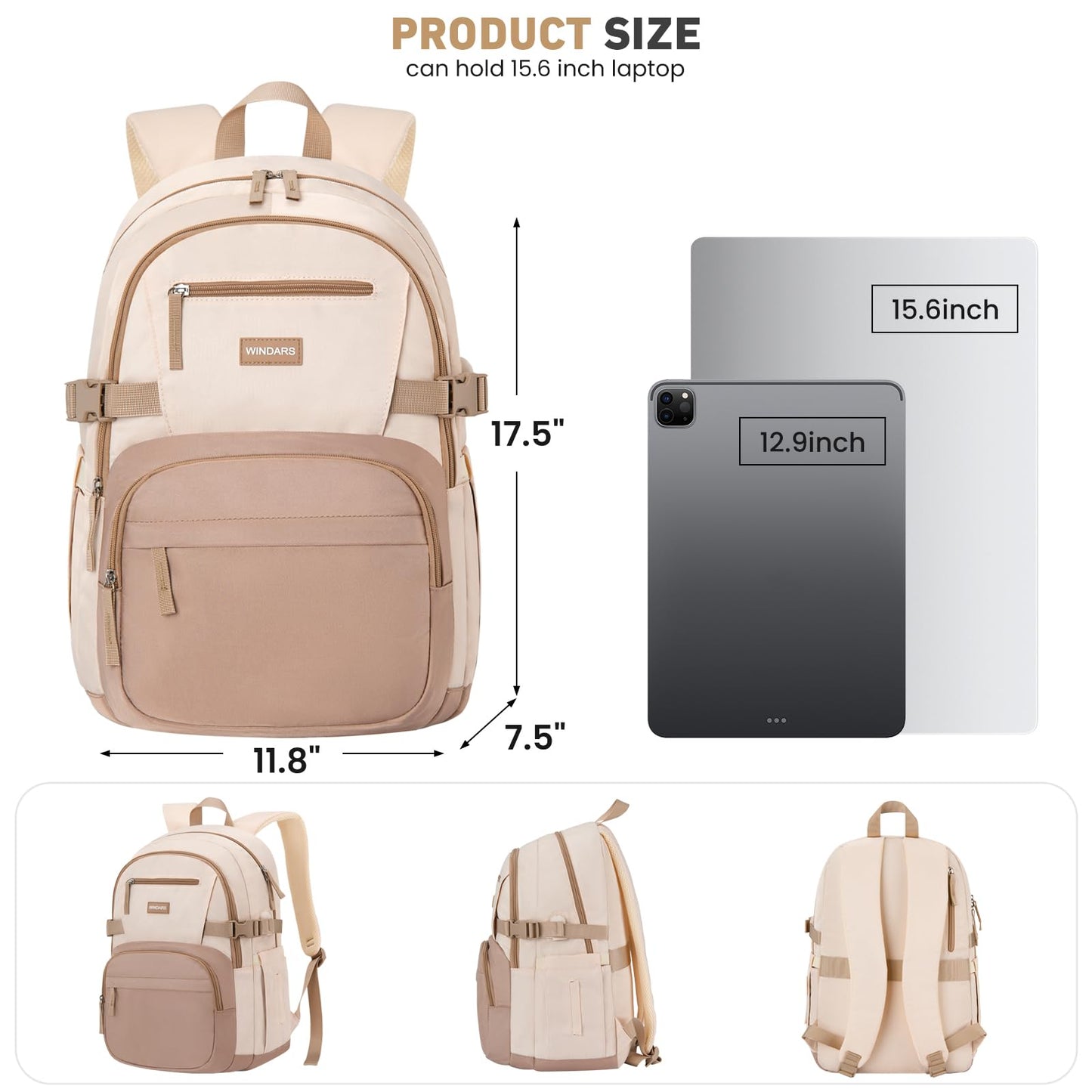 WINDARS Backpack for School Girls, Cute High School Backpacks for Teens Women Student Large Bookbag 15.6 Inch Laptop Bag with USB Charger Port for College Work Travel Trip (Khaki Beige)