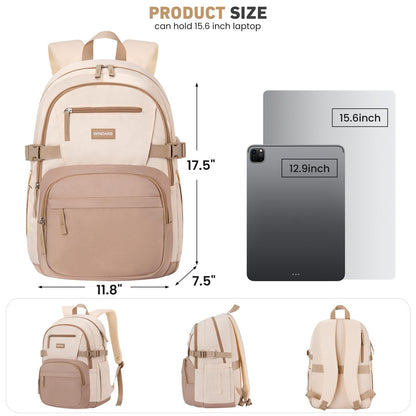 WINDARS Backpack for School Girls, Cute High School Backpacks for Teens Women Student Large Bookbag 15.6 Inch Laptop Bag with USB Charger Port for College Work Travel Trip (Khaki Beige)