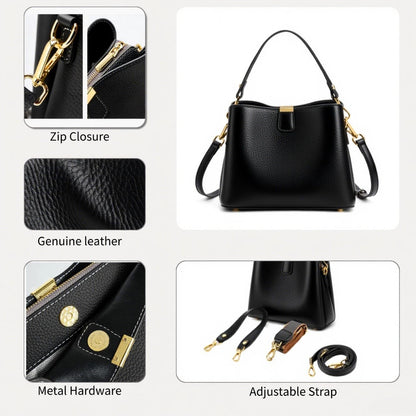 Leather Bucket Bag for Women, Soft Crossbody Top-handle Purse with 2 Style Adjustable Straps, Spacious Daily Handbag for Work, Black