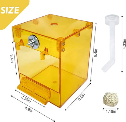 PINVNBY Yellow Acrylic Parrot Bath Box,Bird No-Leakage Bathtub for Cage Hanging Tube Shower Box Cage Accessory with Water Injector and Balls Toys for Small Pet Birds Canary Budgies Lovebirds(6 Pcs)