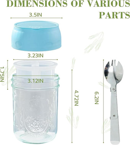 Miuyhji Overnight Oats Containers with Lids, 2-Pack Glass Mason Jars 16 oz with Lids, Folding Spoons and Separated Compartment, for Chia Pudding, Yogurt, Salad, Parfait Cups (Beige)