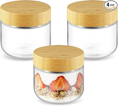Wresty Empty Clear Glass jars with Airtight Lids Overnight Oats Containers Glass Food Storage Containers Glass Mason Jars For Yogurt Snacks Spice Sugar Jam And More (3 Pcs Bamboo Lids, 300ml/10oz)