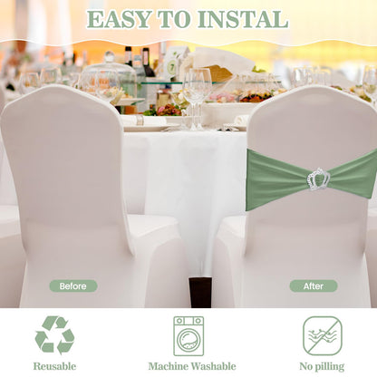 VitalCozy 50 Pcs Stretch Chair Sashes with Crown Chair Sashes with Buckle Slider Wedding Elastic Cover for Party Bridal Baby Shower Ceremony Reception Banquet(Sage Green)