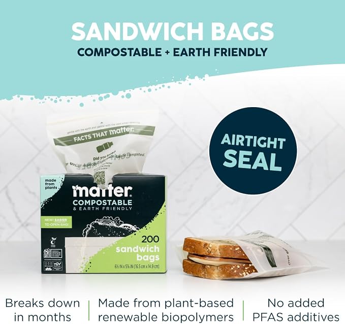 Matter Compostable Sandwich Bags for Food Storage, Eco-Friendly, Resealable, 200 Count