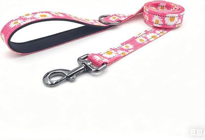 Dog Collar Leash Set, Floral Pattern, with Safety Reflective Strips, 5 ft Matching Leash, Neoprene Padded Handle, Adjustable 4 Sizes for Small Medium Large Dogs.(XS, Pink Daisy)
