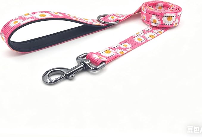 Dog Collar Leash Set, Floral Pattern, with Safety Reflective Strips, 5 ft Matching Leash, Neoprene Padded Handle, Adjustable 4 Sizes for Small Medium Large Dogs.(M, Pink Daisy)