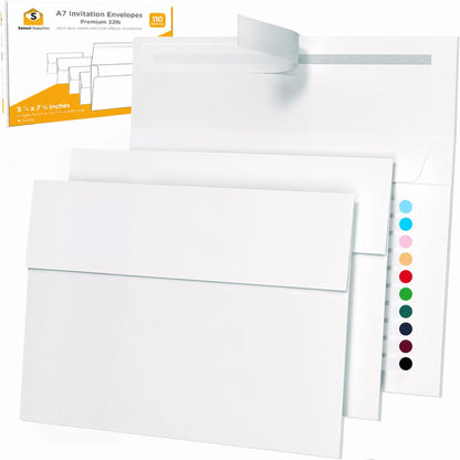 5x7 Envelopes for Invitations - 110 White Envelopes for 5x7 Cards - A7 - (5 ¼ x 7 ¼ inches) - Perfect for Weddings, Graduation, Baby Shower - 120 GSM - Peel, Press & Self Seal - Square Flap