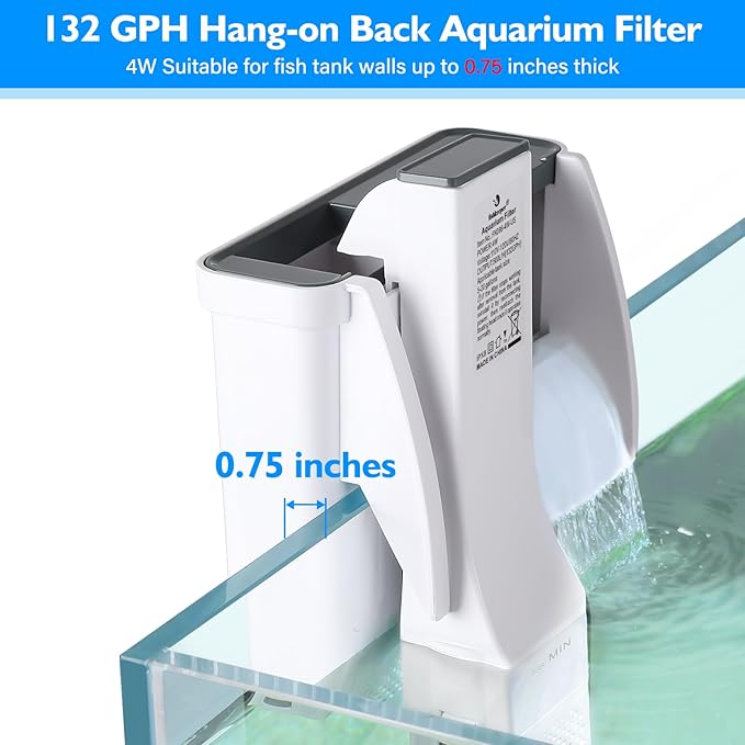 fishkeeper Aquarium HOB Filter 132 GPH for 5-20 Gallon Fish Tank Filters with Auto Start Hang on Back Aquarium Filter Power Waterfall Suspension Oxygen Pump (4W)