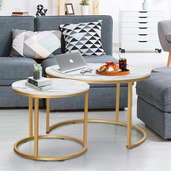 aboxoo Coffee Table Nesting White Set of 2 Side Set Golden Frame Circular Round and Marble Pattern Wooden Tables, Living Room Bedroom Apartment Modern Industrial Simple Nightstand