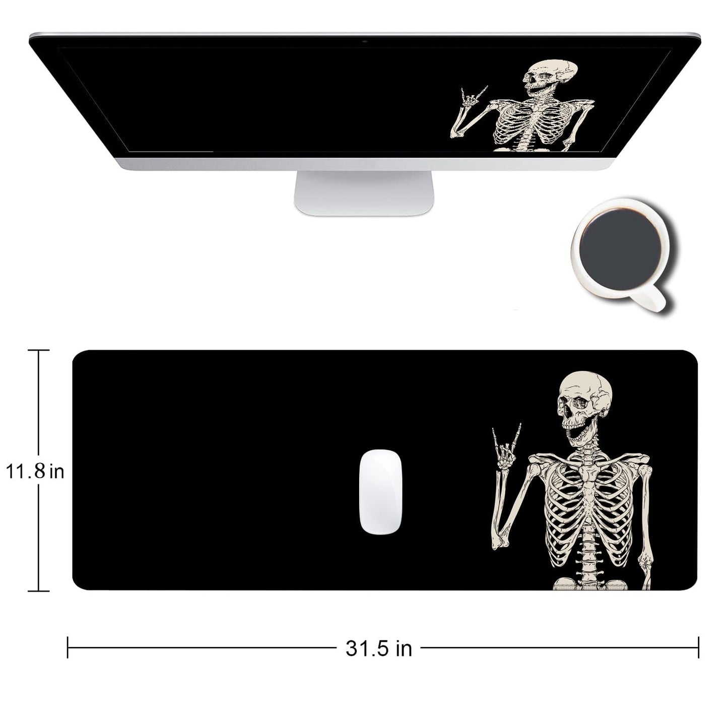 SANWUMIAN Gaming Mouse Pad, Large Mouse Pads for Desk, Non-Slip Rubber Base Mousepad, Keyboard Mouse Mat, Desk Pad with Stitched Edges, 31.5x11.8 inch Black Human Skeleton