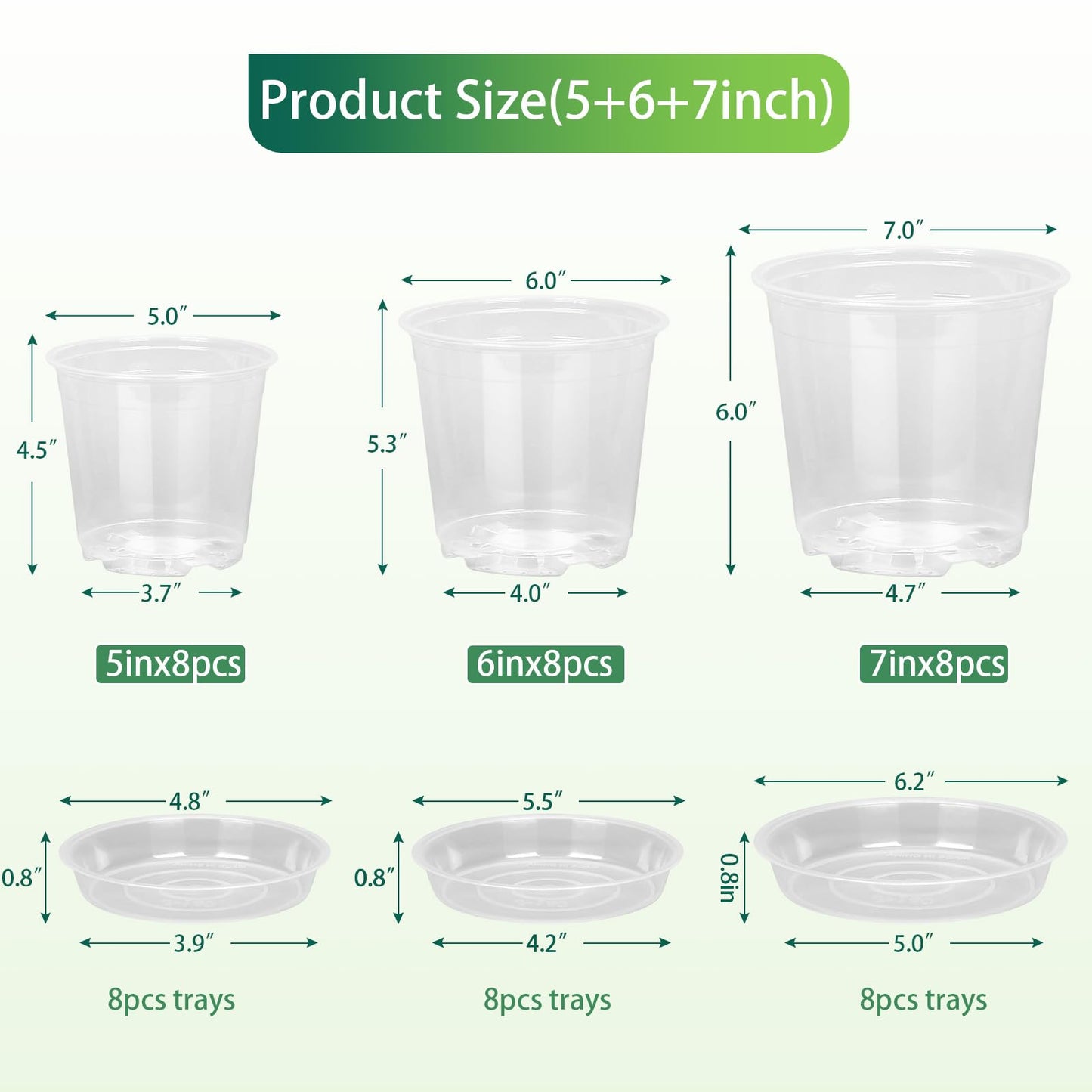 HQAUT 24 Pack 7/6/5 Inch Clear Nursery Pots with Drainage and Saucers, Clear Plastic Plant Pots for Plants, Seed Starting Pots
