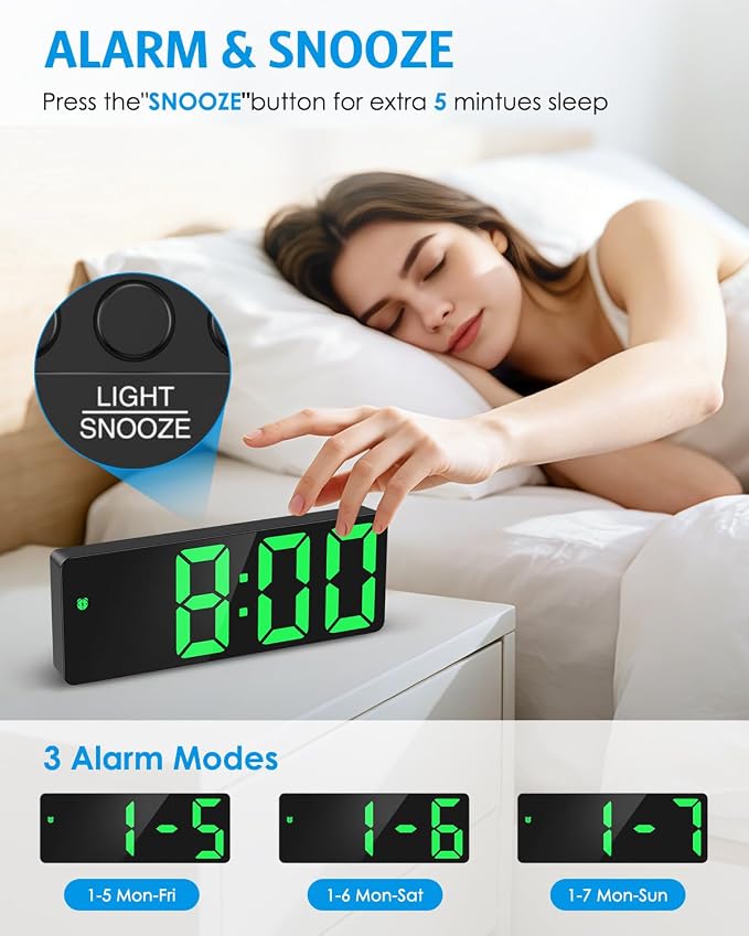 AMIR Digital Alarm Clock Large Display, LED Alarm for Bedroom, USB/Battery Powered Bedside Clock with Snooze, 12/24H, 3 Adjustable Brightness, Temperature, Electric Desk Clock for Home, Office, Green
