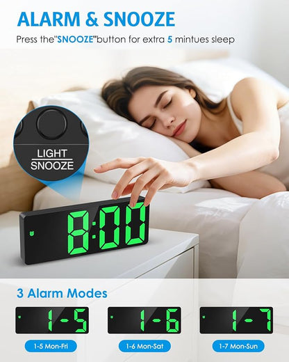 AMIR Digital Alarm Clock Large Display, LED Alarm for Bedroom, USB/Battery Powered Bedside Clock with Snooze, 12/24H, 3 Adjustable Brightness, Temperature, Electric Desk Clock for Home, Office, Green