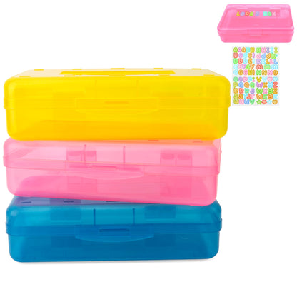 Blue Large Plastic Pencil Box 3 Pack with Aesthetic Design and Hard Case, Comes with Stickers in Pink and Clear Colors