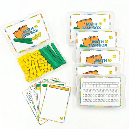 Math Task Boxes Set of 5 Math Manipulatives Themes 230+ Pieces of Number Rods, Base Ten Blocks, Ten Frame Disc Counters, Place Value Blocks, 0-9 Numbers, 3D Shapes, Activity Cards (Base Ten Blocks)