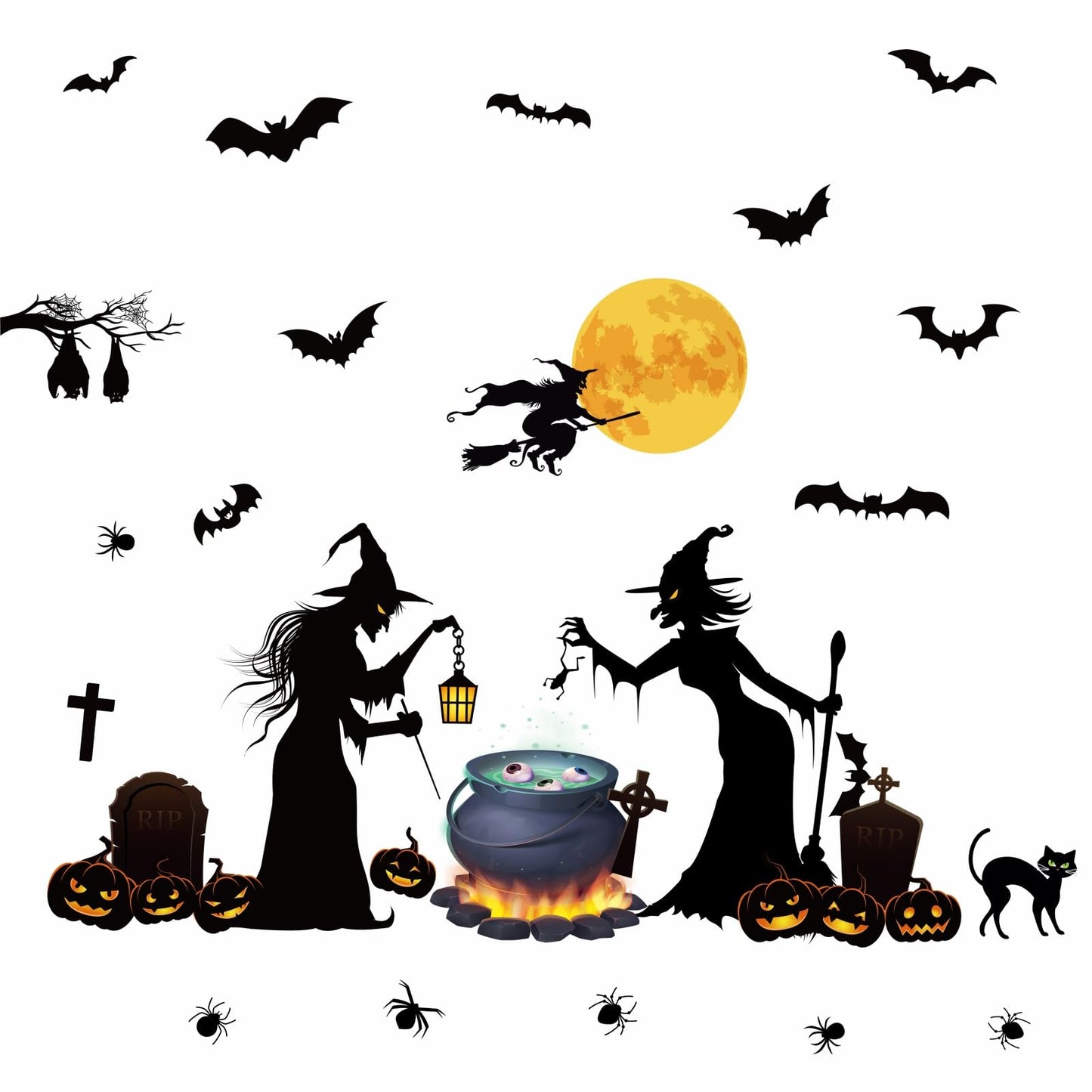 Halloween Wall Stickers Halloween Witch Bats Pumpkin Moon Wall Decals for Kids Bedroom Living Room Peel and Stick for Halloweens Nursery Party Supplies Decorations