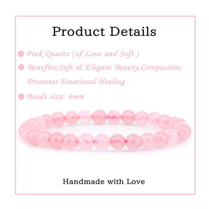 Bymitel 6mm Pink Quartz - Handmade Reiki Gemstone Stretch Bracelet, Natural Beauty & Spiritual Essence, Crystal Healing for Unisex Adults
