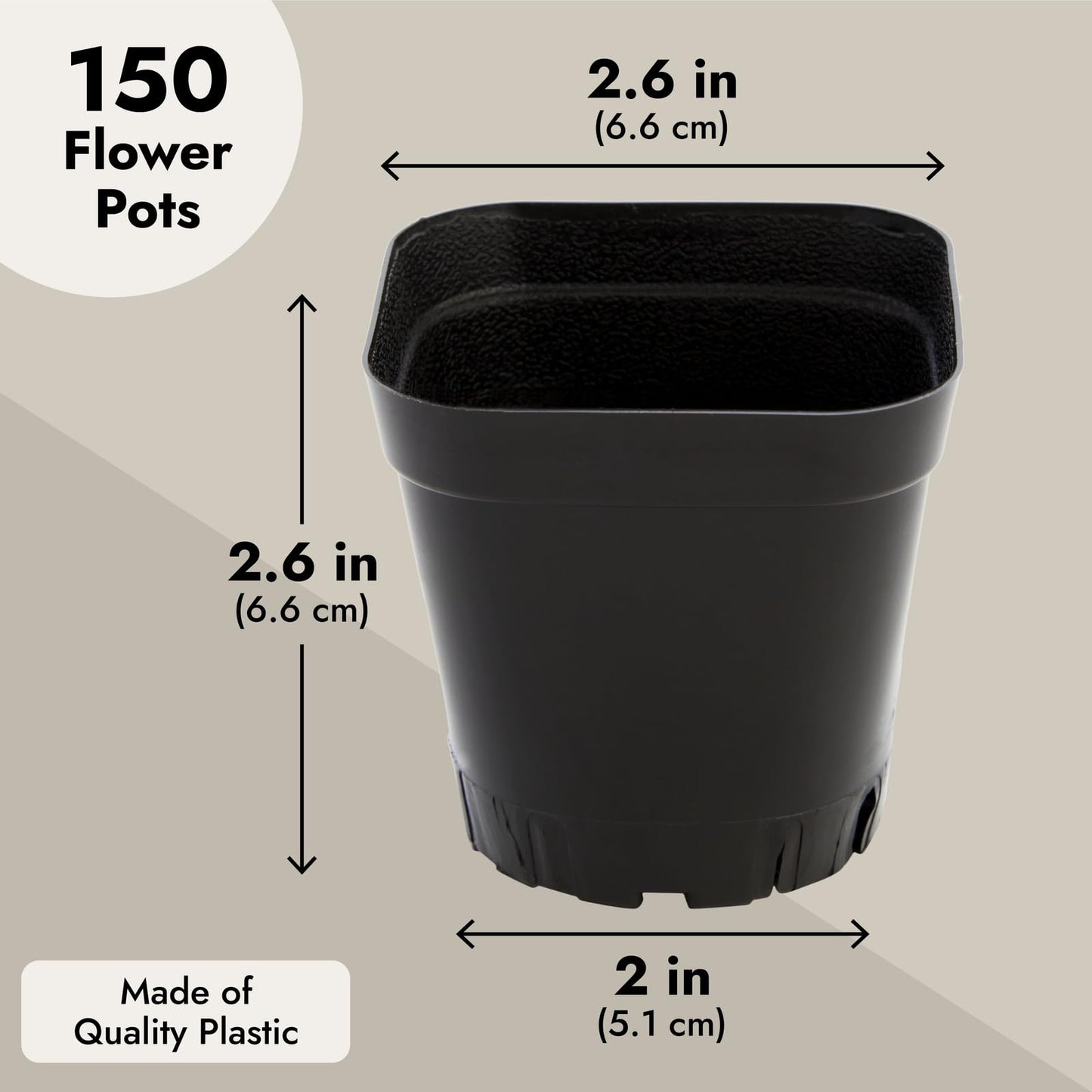 Juvale Square Nursery Pots - Seedling Planters with Drainage Holes - Versatile Pots for Plants & Succulents - Space-Saving Stackable Planters - 2.6 in, Pack of 150, Black