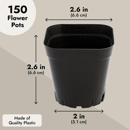 Juvale Square Nursery Pots - Seedling Planters with Drainage Holes - Versatile Pots for Plants & Succulents - Space-Saving Stackable Planters - 2.6 in, Pack of 150, Black