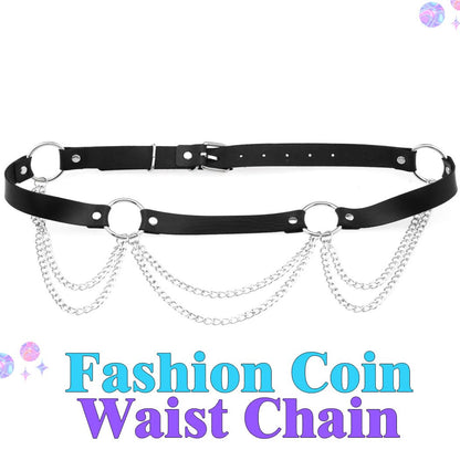 REETAN Goth Waist Chain Belt Black Leather Rave Punk Body Accessories for Women