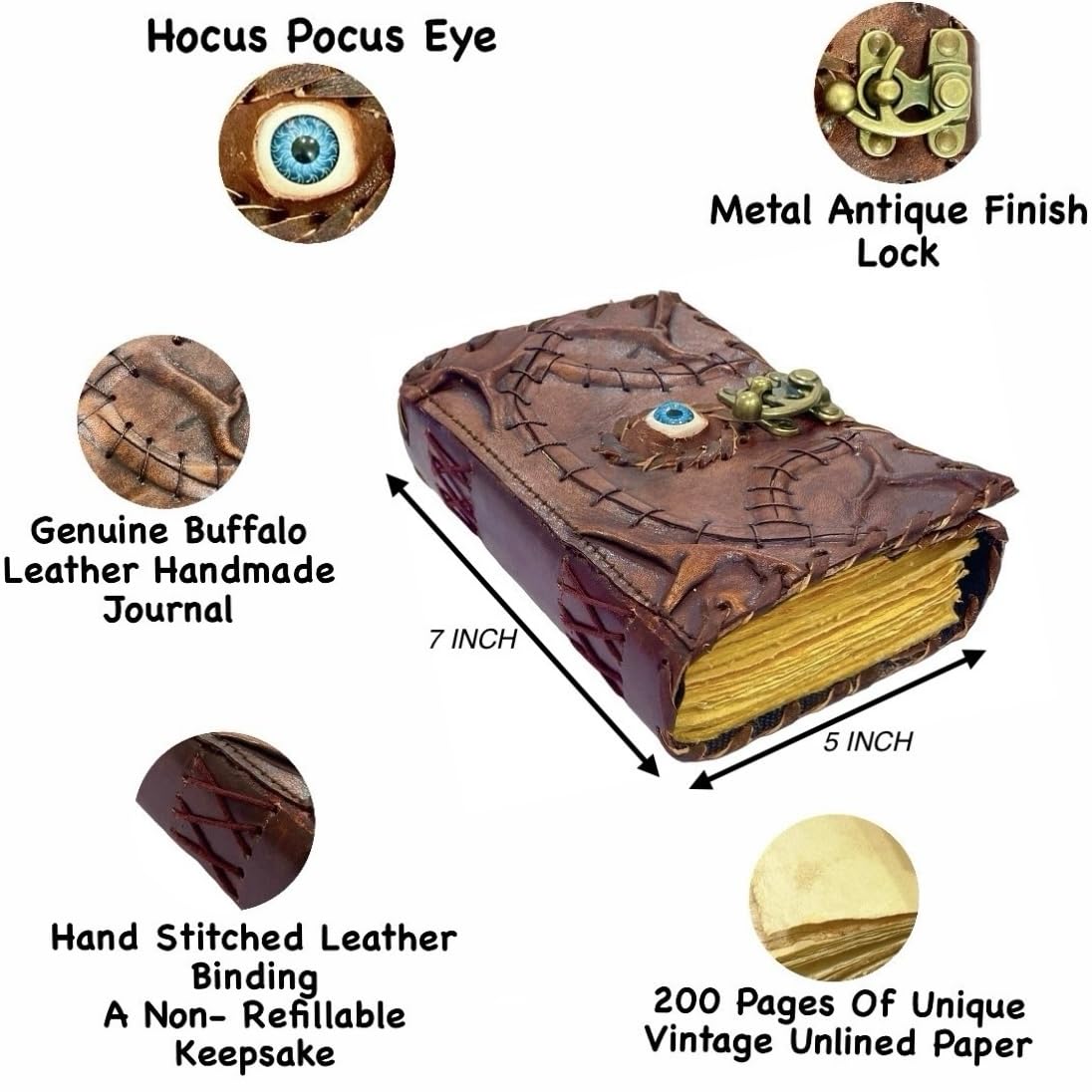 HINDORO Hocus Pocus Book Of Spells, Grimoire Blank Spell Books, Prop Halloween Decorations Decor, Book Of Shadows With Lock, Witchy Hocus Pocus Gifts For Men And Women Spellbook Evil Eye Leather Bound Journal, Grimoire Witch Best Christmas Gifts
