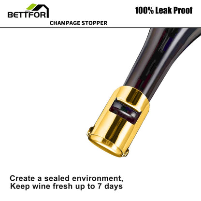 BETTFOR Champagne Stoppers with Stainless Steel Champagne Saver with Food Grade Silicone Leak proof Keep Fresh Suitable for Champagne, Cava, Prosecco and Sparkling(Gold, 6 Pack)