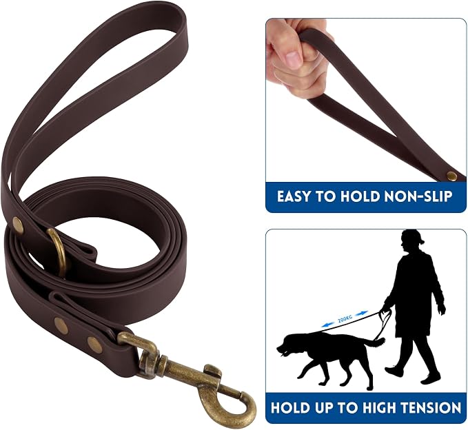 Wisedog Waterproof Dog Collar and Leash Set, M, Brown | Adjustable Puppy Collar, Cute Tag, 5FT Leash, Includes Poop Bag, For Small Medium Large Dogs