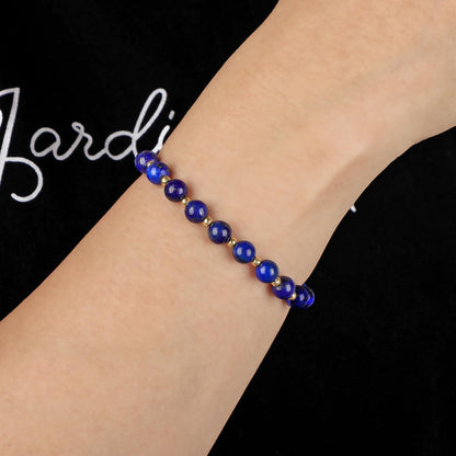QOGIR Lapis - Stone of Spiritual Insight - 14K Gold Plated Beads Natural Gemstone Stretch Elastic Dainty Healing Beaded Bracelets Gifts 6mm