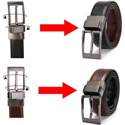 beltox fine Men's Dress Belt Leather Reversible 1.25" Wide Rotated Buckle Gift Box（Black Buckle with Cognac/Black Belt,30-32）