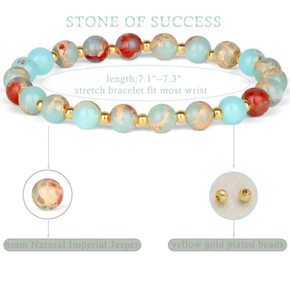 QOGIR Imperial Jasper - Stone of Success - Stainless Silver Beads Natural Gemstone Stretch Elastic Dainty Healing Beaded Bracelets Gifts 6mm