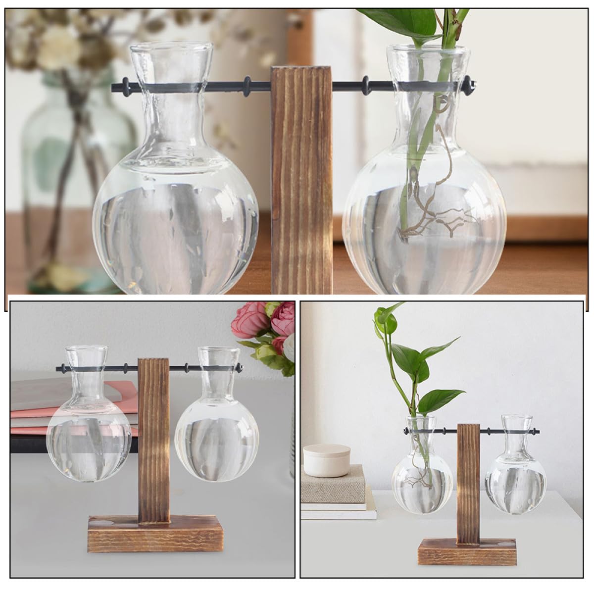 VALICLUD 3Pcs High Borosilicate Glass Flower Vases with Holes and Wooden Stand, Hydroponic Plant Propagation Jars for Indoor Terrarium and Floral Arrangement