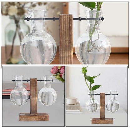 TOVINANNA 3pcs High Borosilicate Glass Propagation Planter Bulb Vases with Wooden Stand, Hydroponic Plant Terrarium Glass Vase Set for Indoor Desktop Decoration
