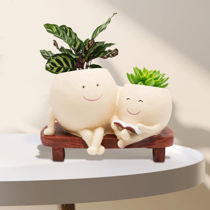 LAUGOKOBE Smily Face Planter Pot for Plants, Cute Double Head Planters for Indoor Outdoor Plants, Modern Lady Head Vase Girl Face Planter, Unique Succulent Pots with Drainage Hole (Khaki)