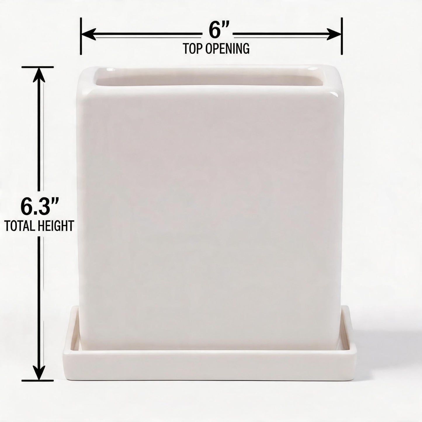 White Ceramic Plant Pots with Saucers, 6 Inch Square Planter Pots Set of 2, Modern Minimalist Medium Flower Pots for Indoor Plants, Snake Plants, Monstera, Home Decor