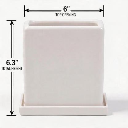 White Ceramic Plant Pots with Saucers, 6 Inch Square Planter Pots Set of 2, Modern Minimalist Medium Flower Pots for Indoor Plants, Snake Plants, Monstera, Home Decor