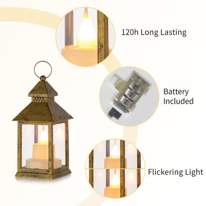 Romadedi Mini Lanterns Decorative for Centerpiece -10 PCS Hanging Small Gold Lantern Bulk with Flickering LED Candles for Wedding Table Decor Halloween Decorations Christmas, Batteries Included