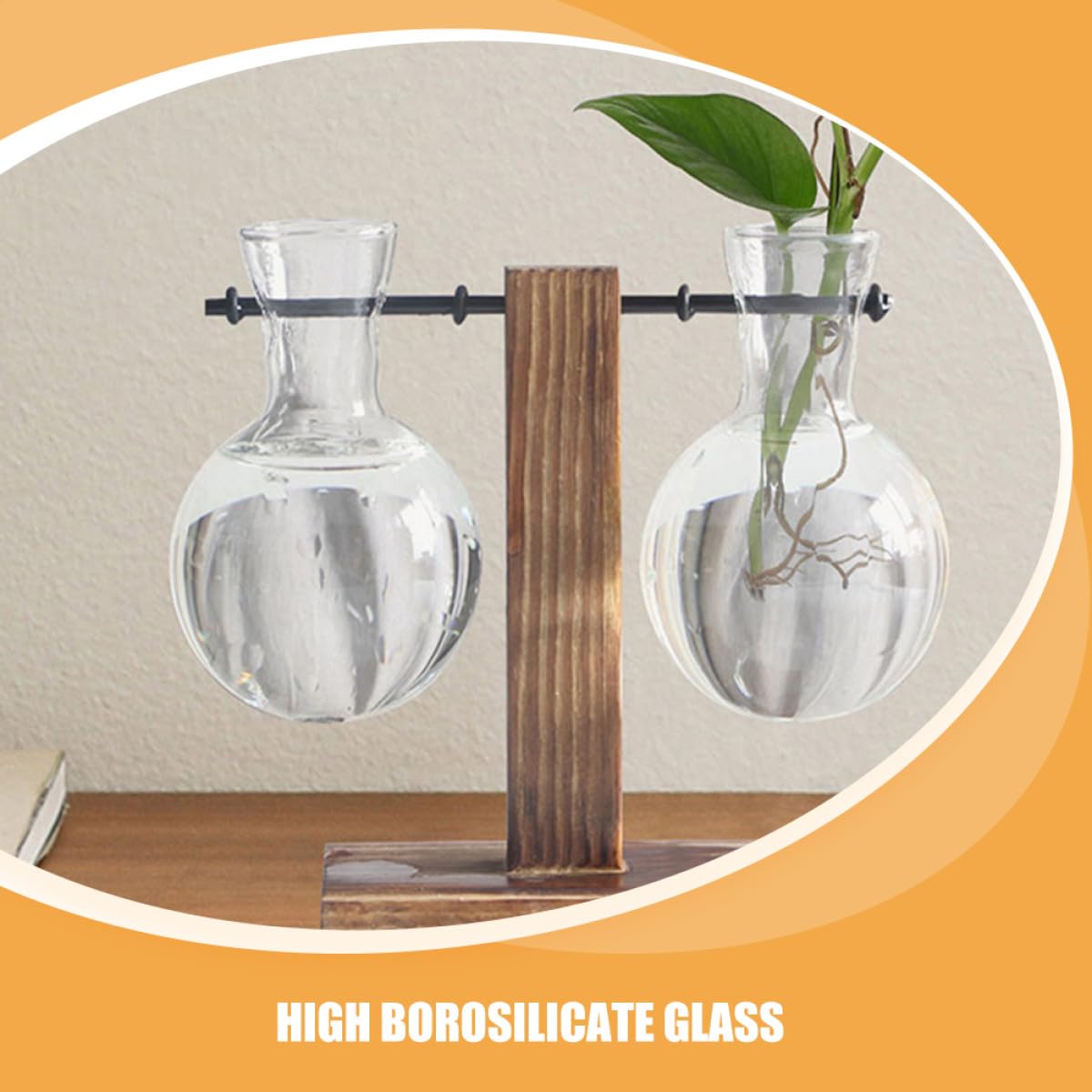 MOBUTOFU 3pcs Hydroponic Propagation Glass Containers with Wooden Stand, High Borosilicate Plant Terrarium Glass Holders for Indoor Desktop Decoration