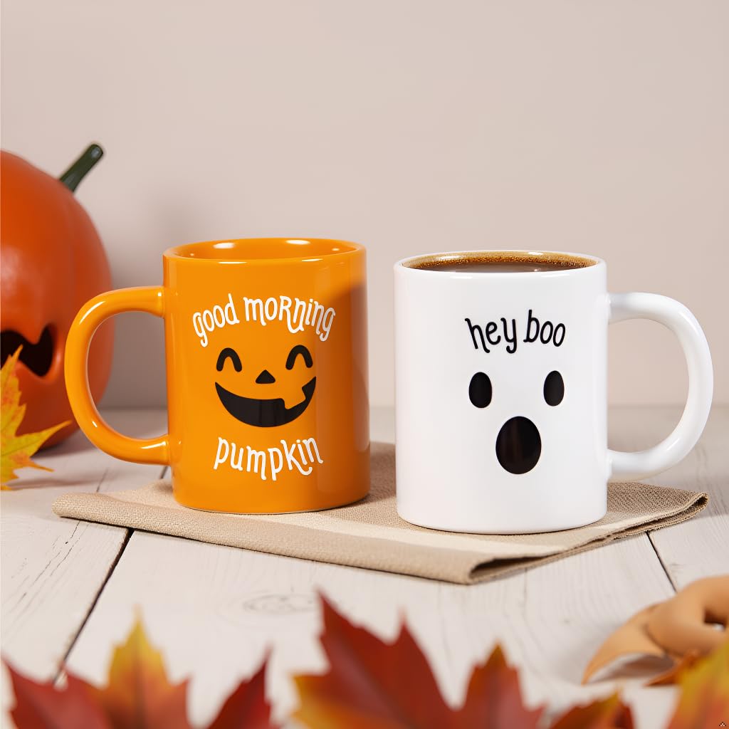 Pearhead Halloween Coffee Mug Set of 2 Fall Pumpkin Ghost Ceramic Cups 16oz Microwave Dishwasher Safe Autumn Gift