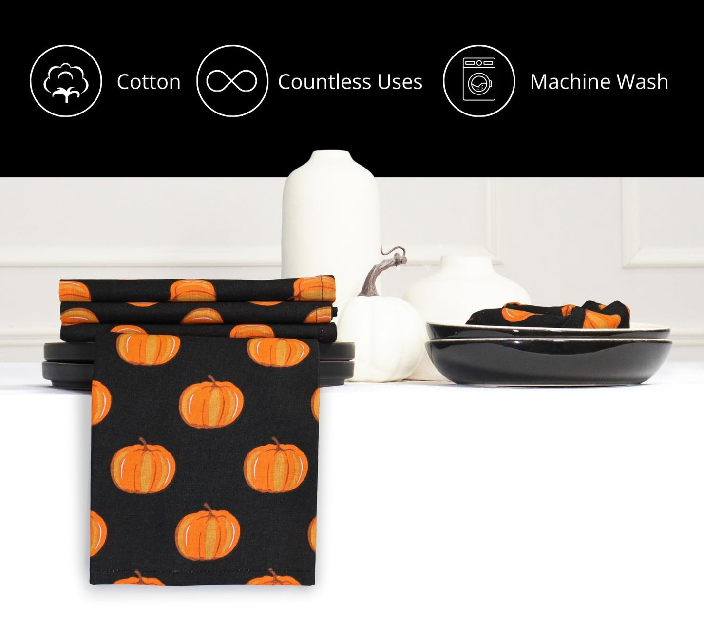 PurpleEssences Fall Pumpkin Harvest Thanksgiving Cloth Napkins 18x18 Inch, Set of 6 - Reusable, Washable Dinner Napkins for Home, Kitchen & Parties - Halloween Pumpkin