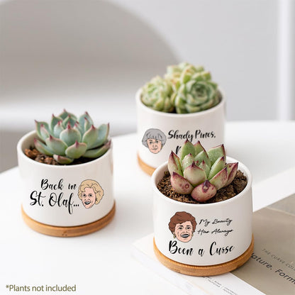 Mikopei Golden Girls Merchandise - Funny Succulent Pots Set of 4, Golden Girls Gifts for Women, Ceramic Mini Cute Planters with Bamboo Tray for Office Desk Indoor Decorations