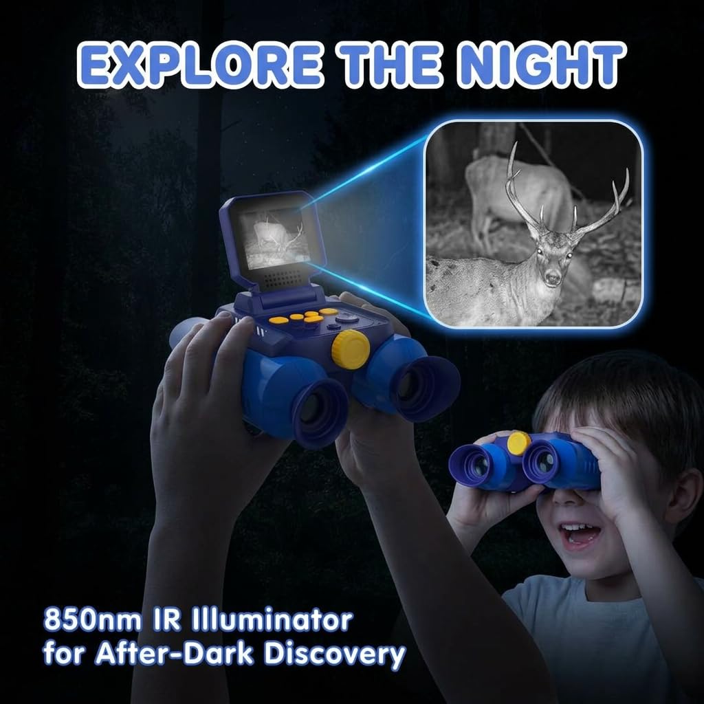 OAEBLLE Kids Binoculars with Night Vision Camera, 10X Zoom Digital Adventures Telescope with 2.4" IPS Screen, Nature Explorer STEM Toys for Bird Watching Camping, Gifts for Boys Girls Age 4-12 - Blue