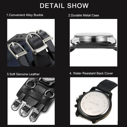 JewelryWe Black Hip-hop Gothic Punk Style Men Watch Wide Leather Fashion Cuff Wristwatch for Halloween