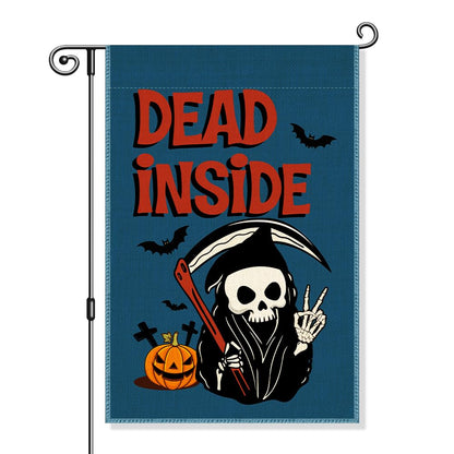 Gkodw Dead Inside Garden Flag, Funny Pumpkin Spooky Yard Flag for Outside, Welcome Autumn Fall Halloween Front Porch Lawn Decoration, Funny Skeleton Peace Sign Home Banner