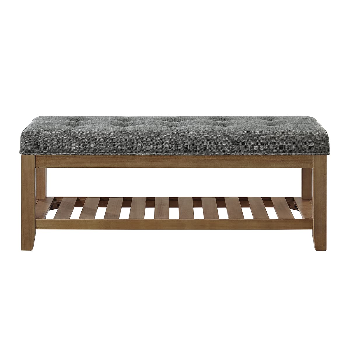 24KF Large Rectangular Upholstered Tufted Linen Fabric Ottoman Bench, Padded Bench with Solid Wood Shelf-Granite