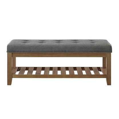 24KF Large Rectangular Upholstered Tufted Linen Fabric Ottoman Bench, Padded Bench with Solid Wood Shelf-Granite